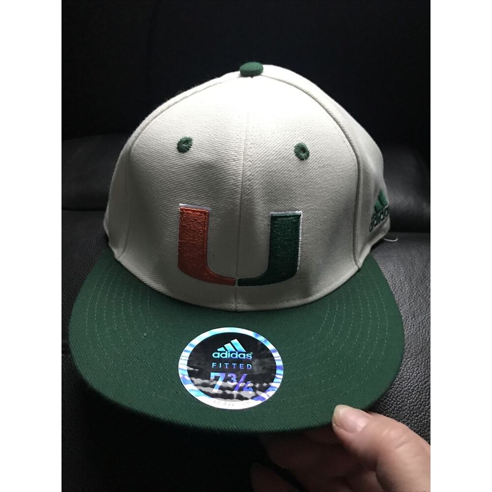 Adidas Miami‎ Hurricanes Hat White Green Fitted 7 3 4 Split U Logo Cap